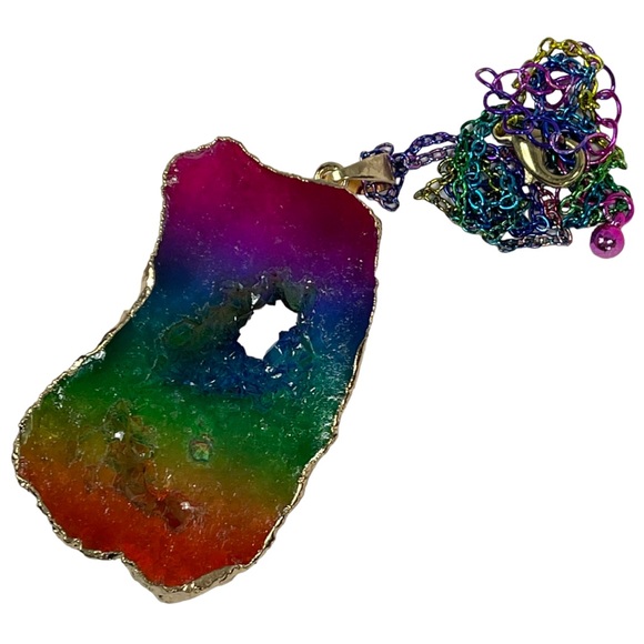 Rainbow Agate Pendant wrapped in gold on rainbow metal chain NEW - Picture 6 of 11